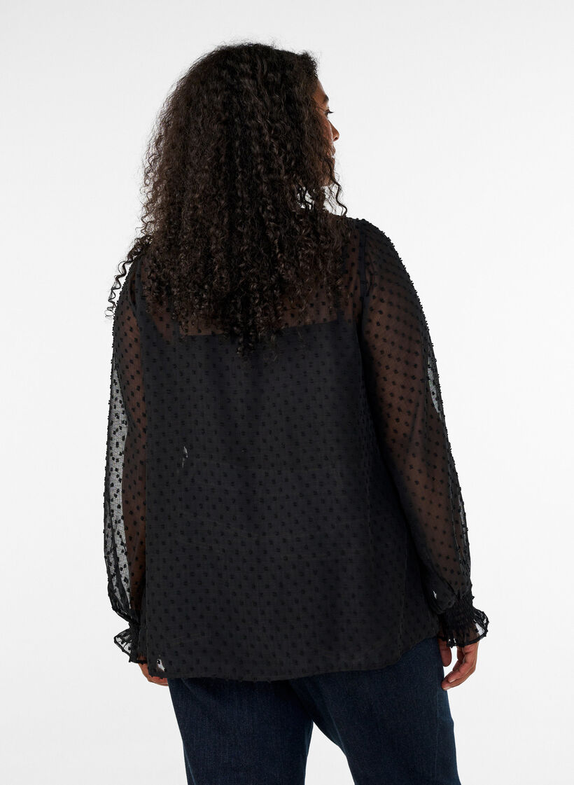 Overhemdblouse met kanten inzet en stippenpatroon, Zwart, Model image number 2