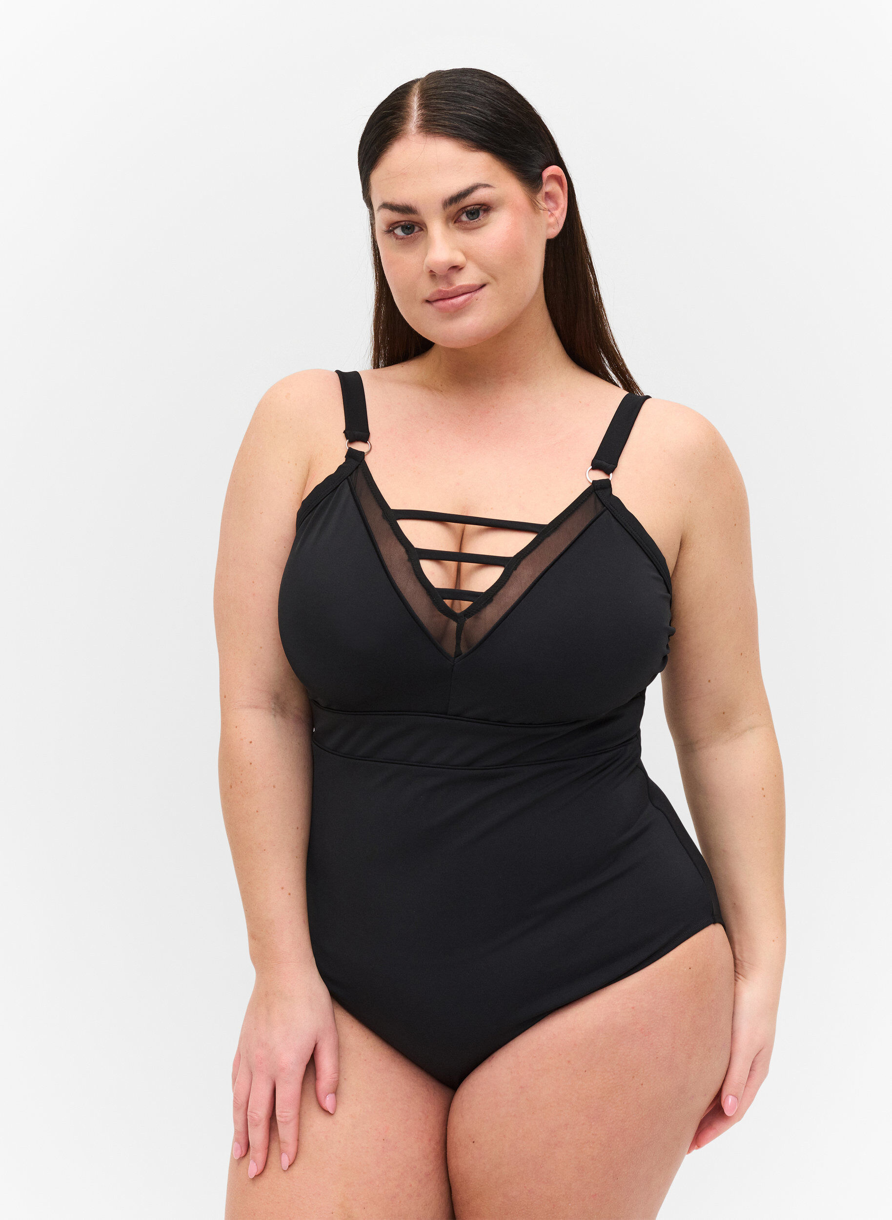 Zizzi Badpak met v-hals en mesh, Black, Model image number 0