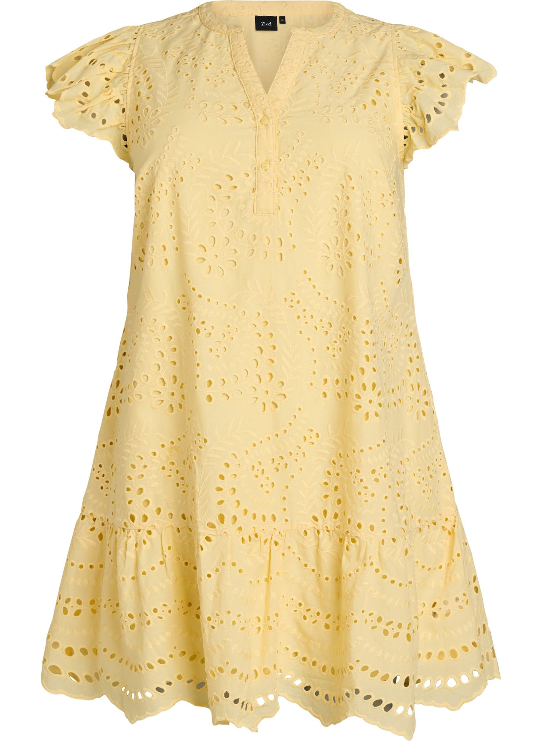 Zizzi Broderie anglaise jurk met ruches mouwen, Geel, Packshot image number 0