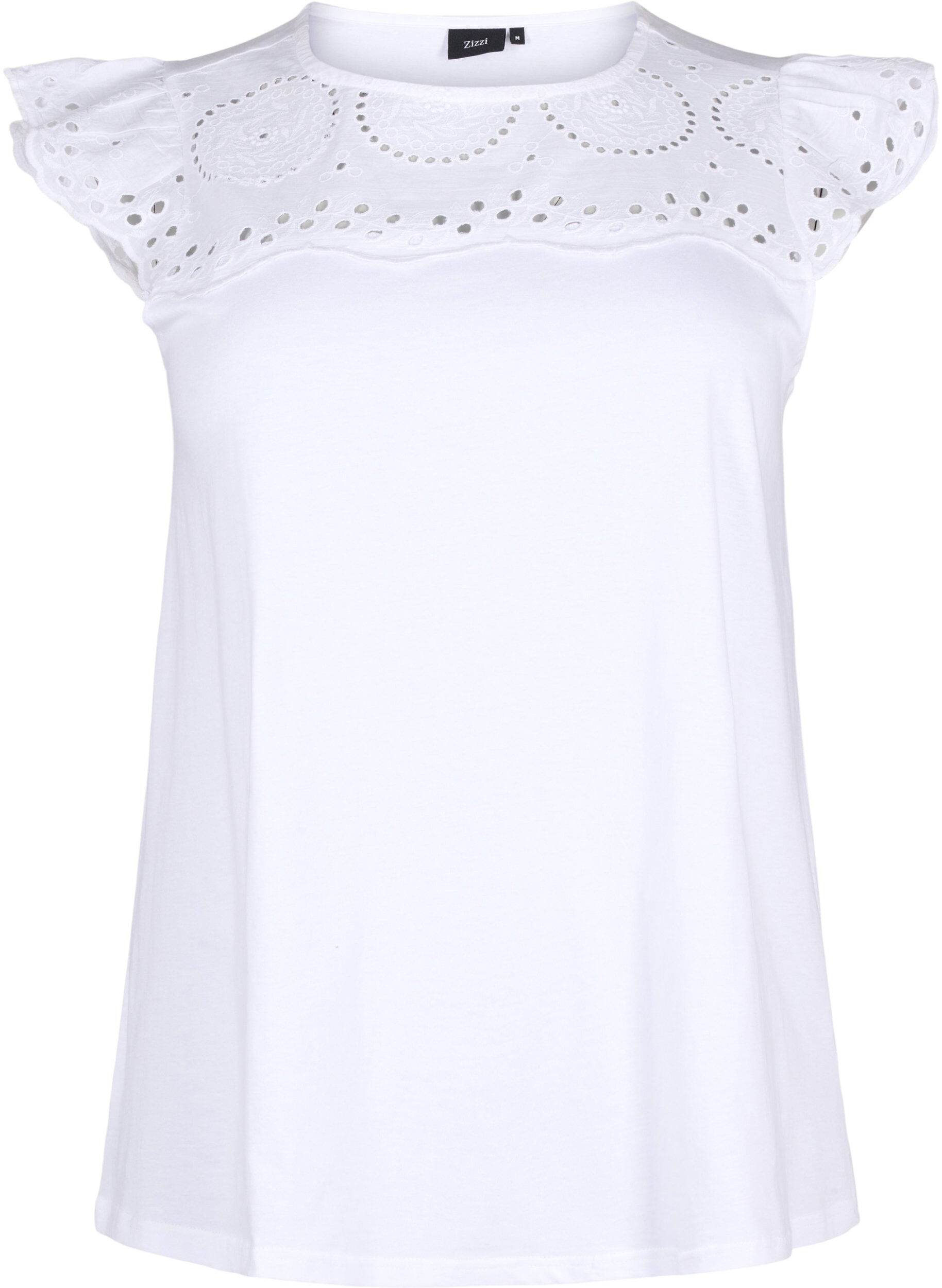 Zizzi T-shirt van biologisch katoen met broderie anglaise, Bright White, Packshot image number 0