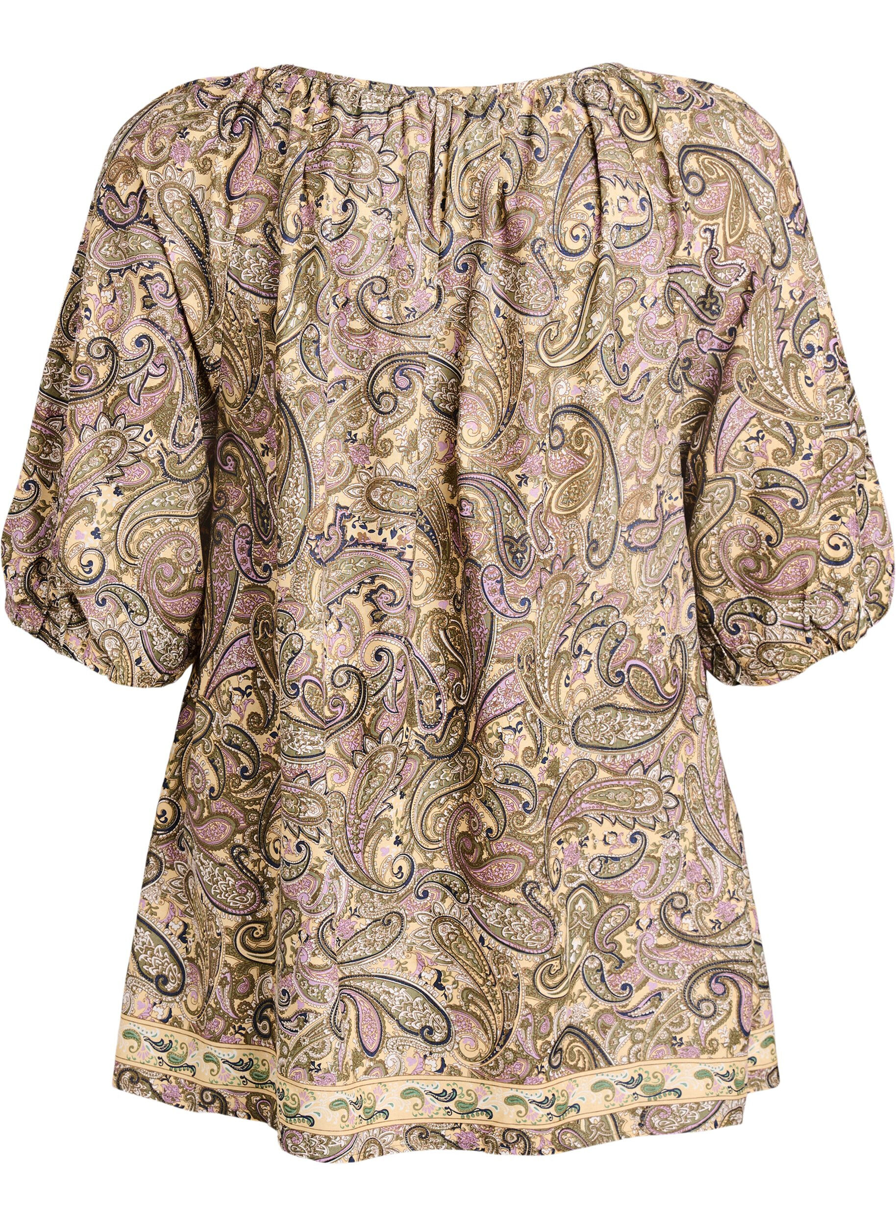 ZizziViscose blouse met paisleyprint en strikkoord, Geel, Packshot image number 1