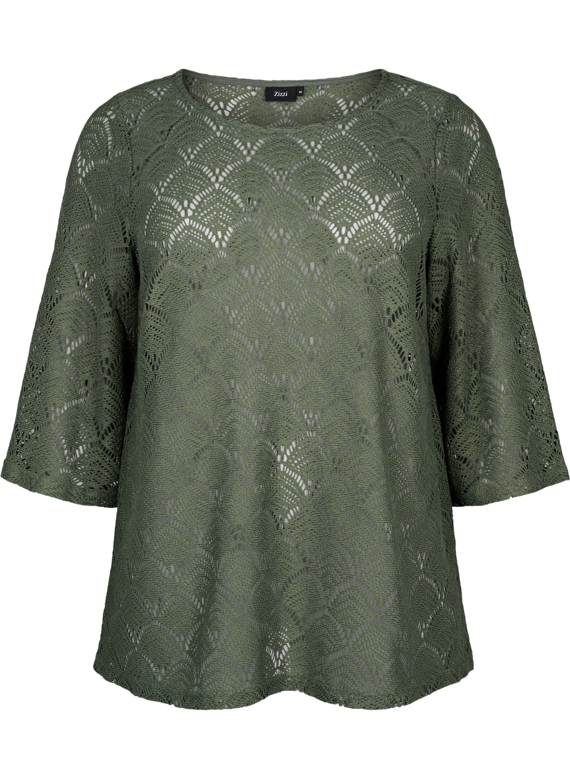 Zizzi Crochet Blouse met 3/4 mouw, Thyme, Packshot image number 0