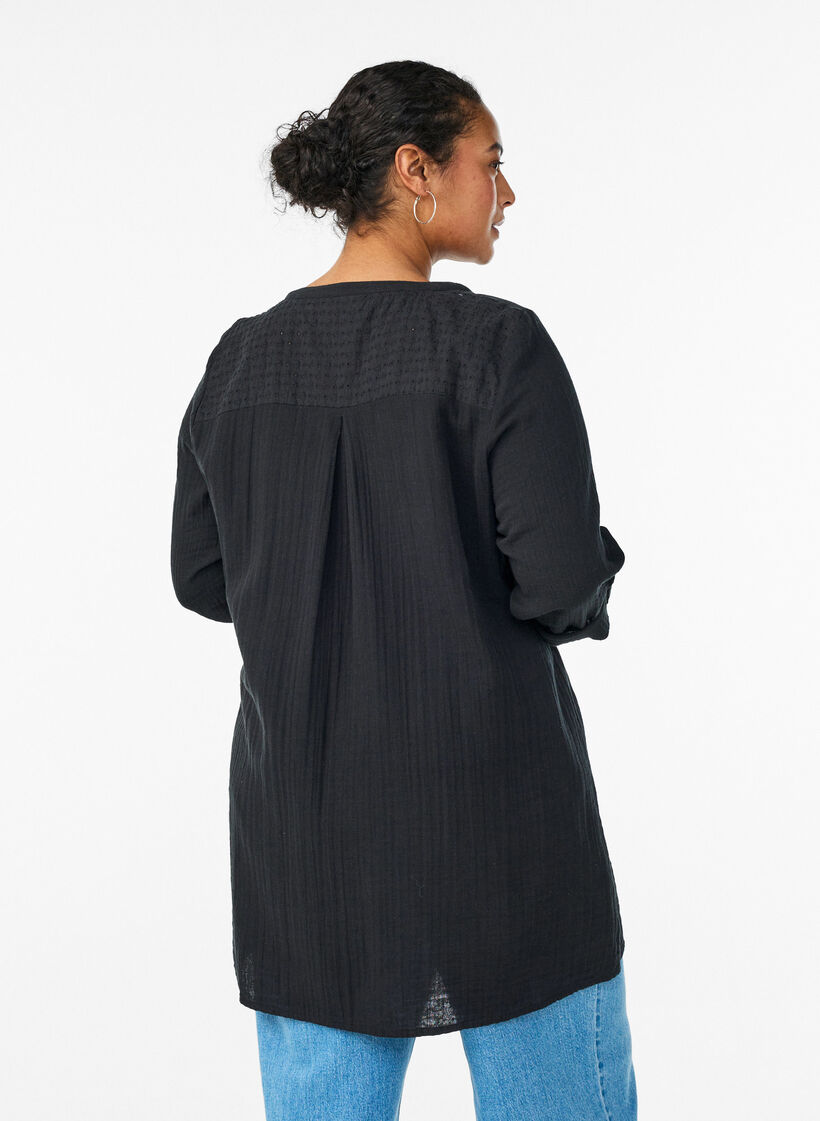 Katoenen mousseline tuniek met broderie anglaise, Zwart, Model image number 2