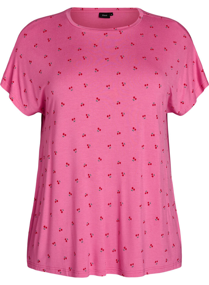 Pyjama T-shirt in viscose met all-over print, Roze, Packshot image number 0