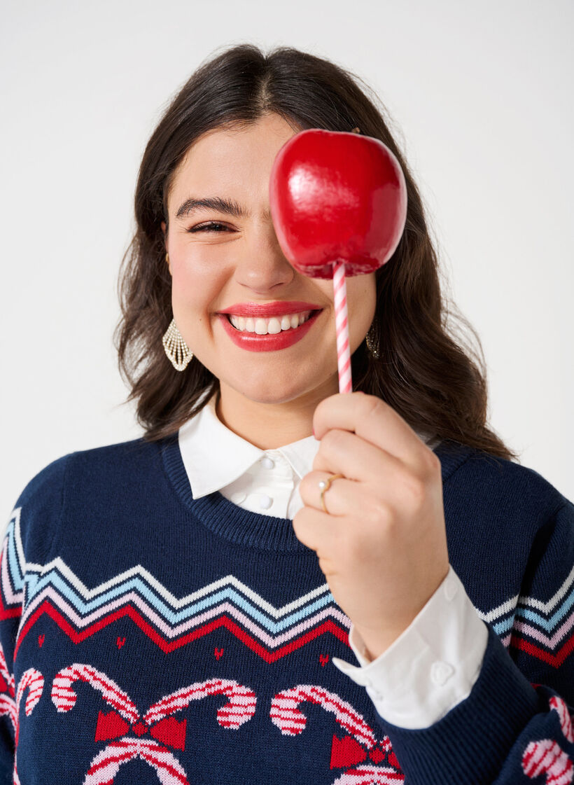 Lange mouwen gebreide jurk met een kerstmotief, Navy Blazer Comb, Image image number 0