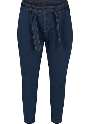 Cropped jeans met riem, Blue denim, Packshot image number 0