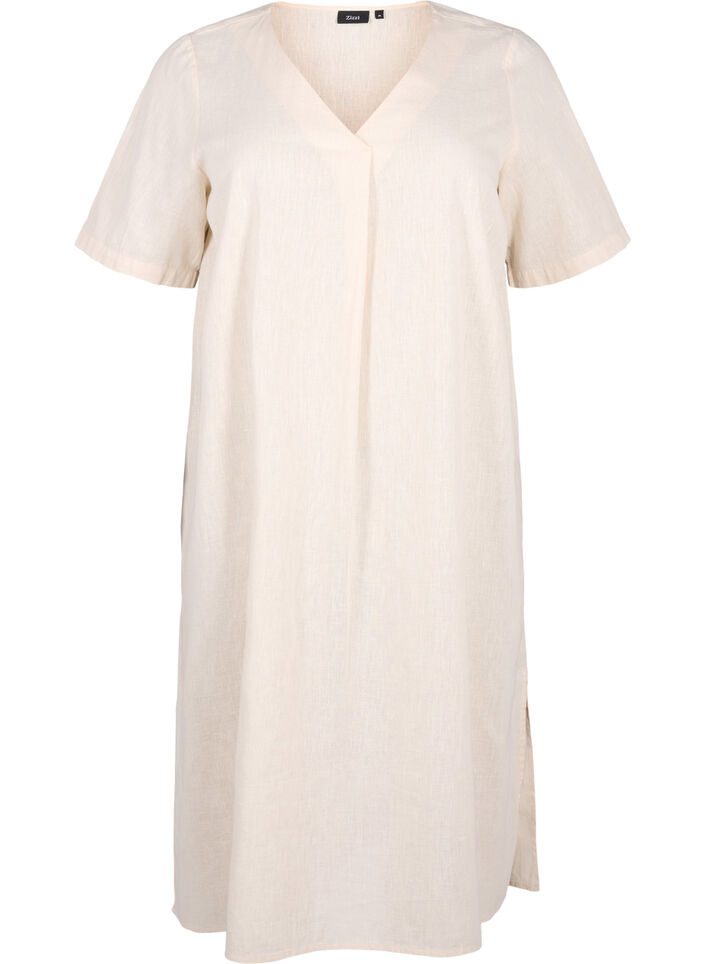 Kaftanjurk van katoenmix met linnen, Beige, Packshot image number 0