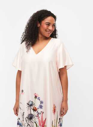 Midi-jurk met bloemenprint en korte mouwen, White Sand, Model image number 2