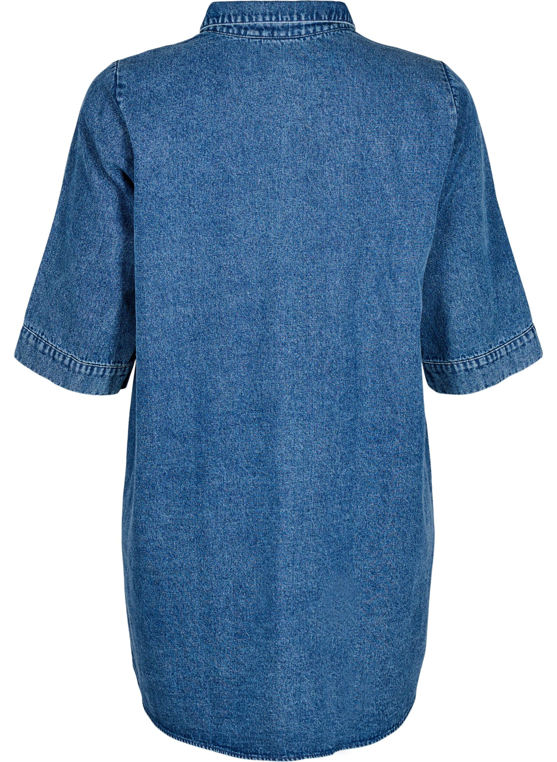 Zizzi Korte denimjurk met ritssluiting en 3/4 mouwen, Blauw, Packshot image number 1