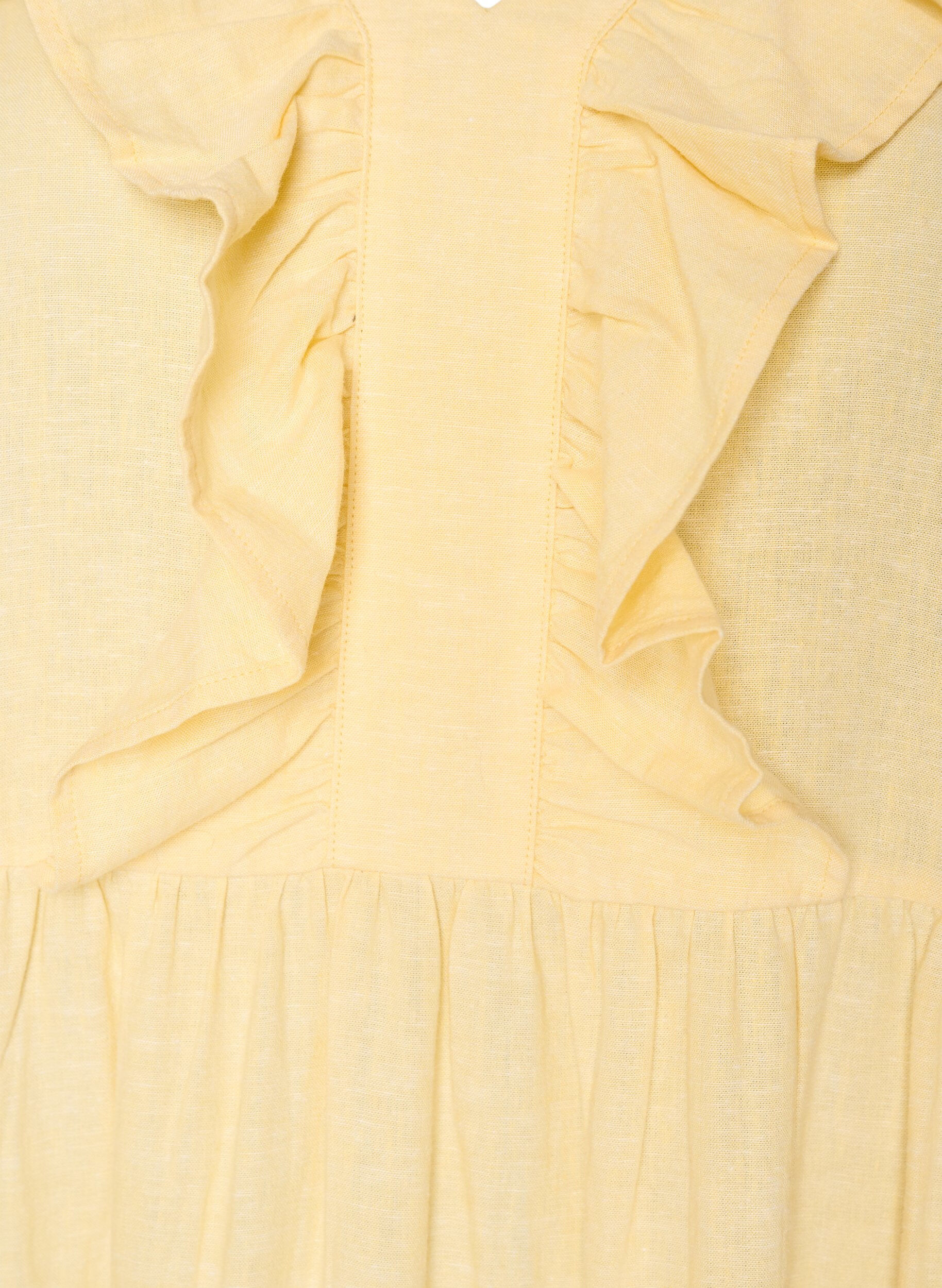 ZizziMouwloze midi jurk in linnen en viscose met ruches, Geel, Packshot image number 2