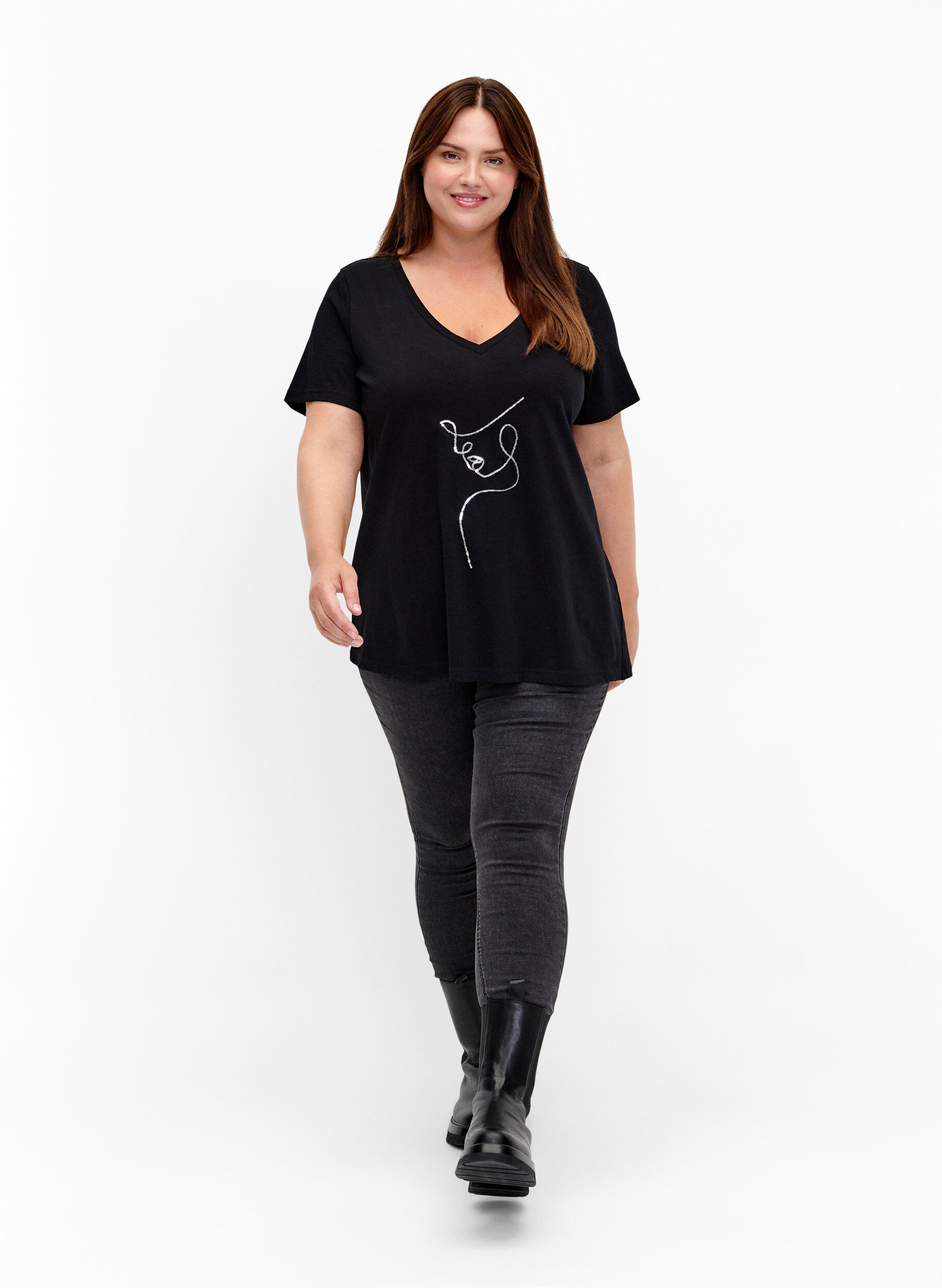 Zizzi Katoenen T-shirt met pailletten, Black W. Face, Model image number 2