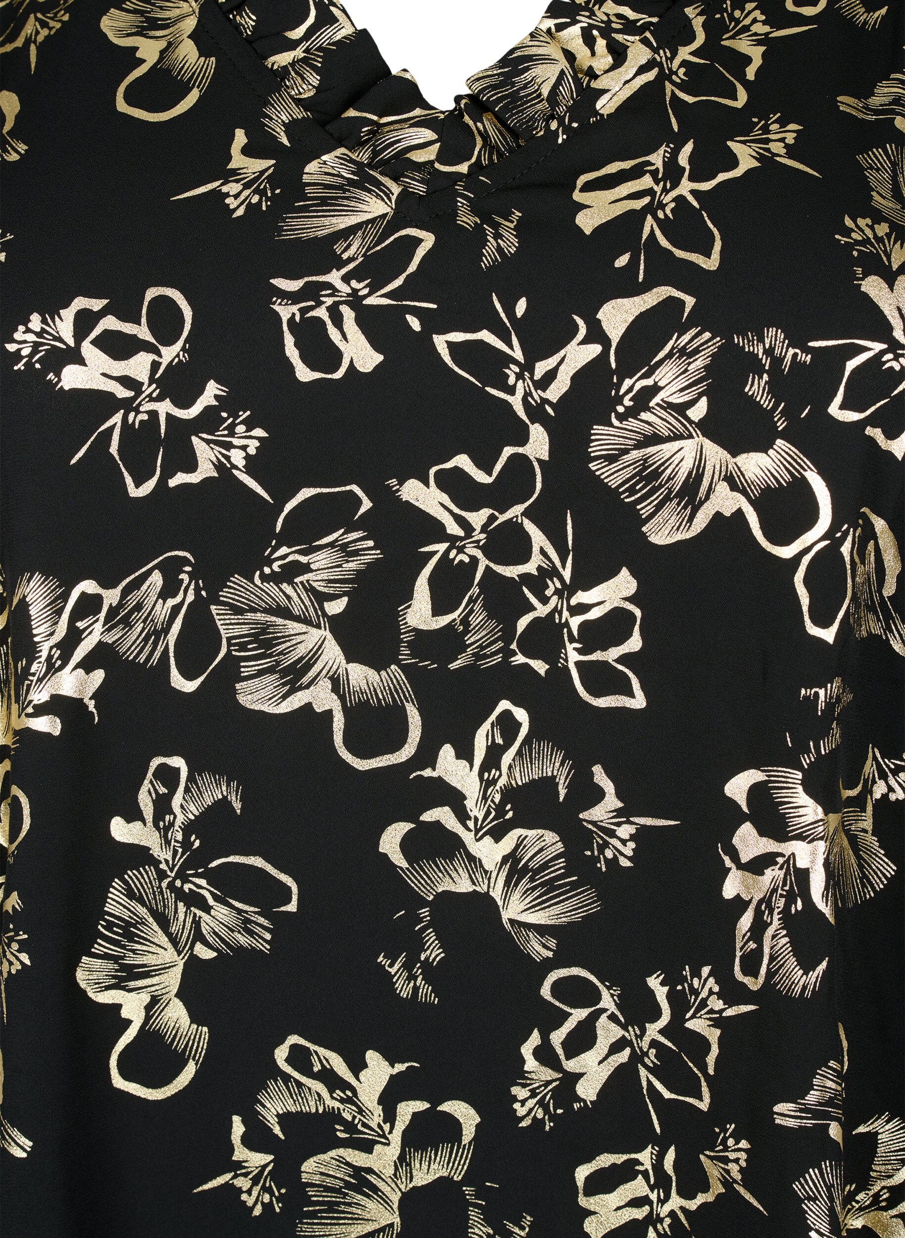 Zizzi Blouse met lange mouwen, ruches en folieprint, Black Foil AOP, Packshot image number 2