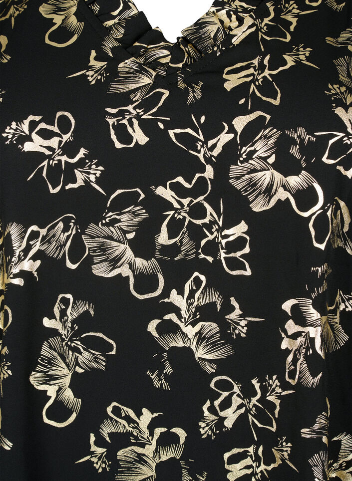 Blouse met lange mouwen, ruches en folieprint, Black Foil AOP, Packshot image number 2