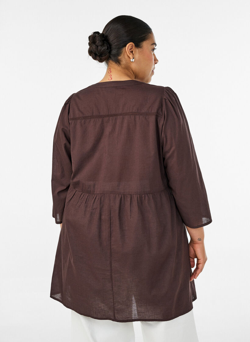 Katoenen tuniek met V-hals en crochet detail, Bruin, Model image number 2
