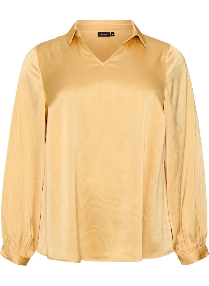 Blouse met overhemdkraag en V-hals, Geel, Packshot image number 0