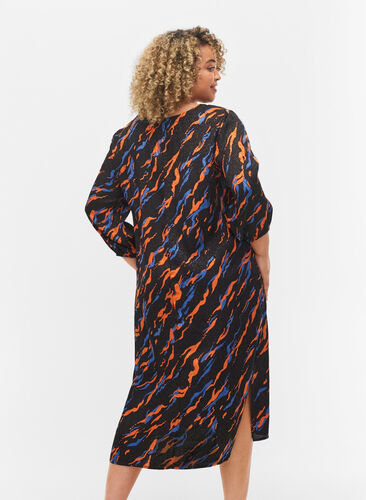 Midi-jurk met print en 3/4-mouwen in viscose, Black Tiger AOP, Model image number 1