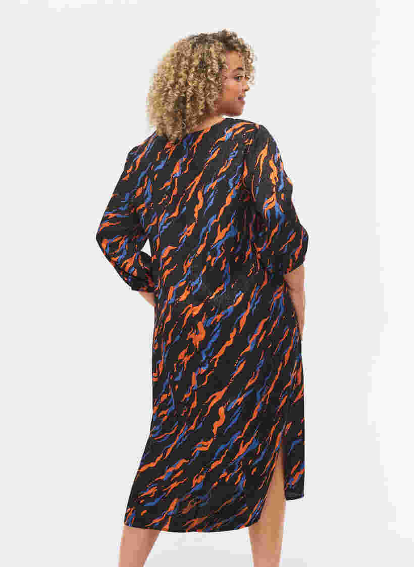 Midi-jurk met print en 3/4-mouwen in viscose, Black Tiger AOP, Model image number 1