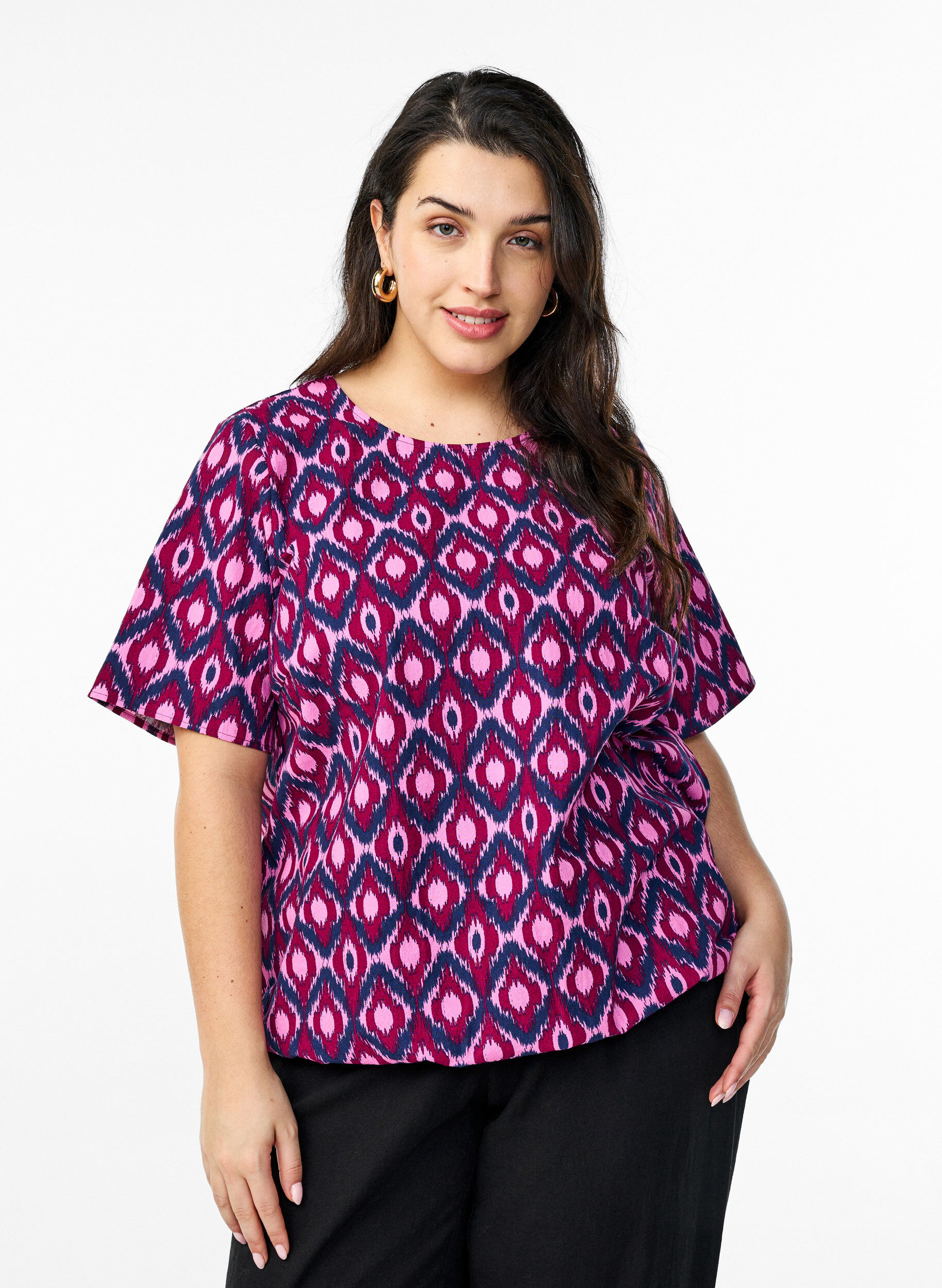 Zizzi Katoenen blouse met print en korte mouwen, Roze, Model image number 0