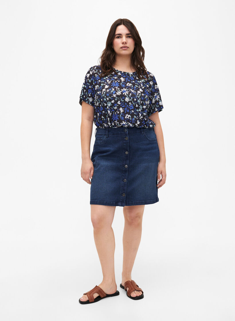 FLASH - T-shirt met bloemenprint, Black Blue Green AOP, Model image number 2