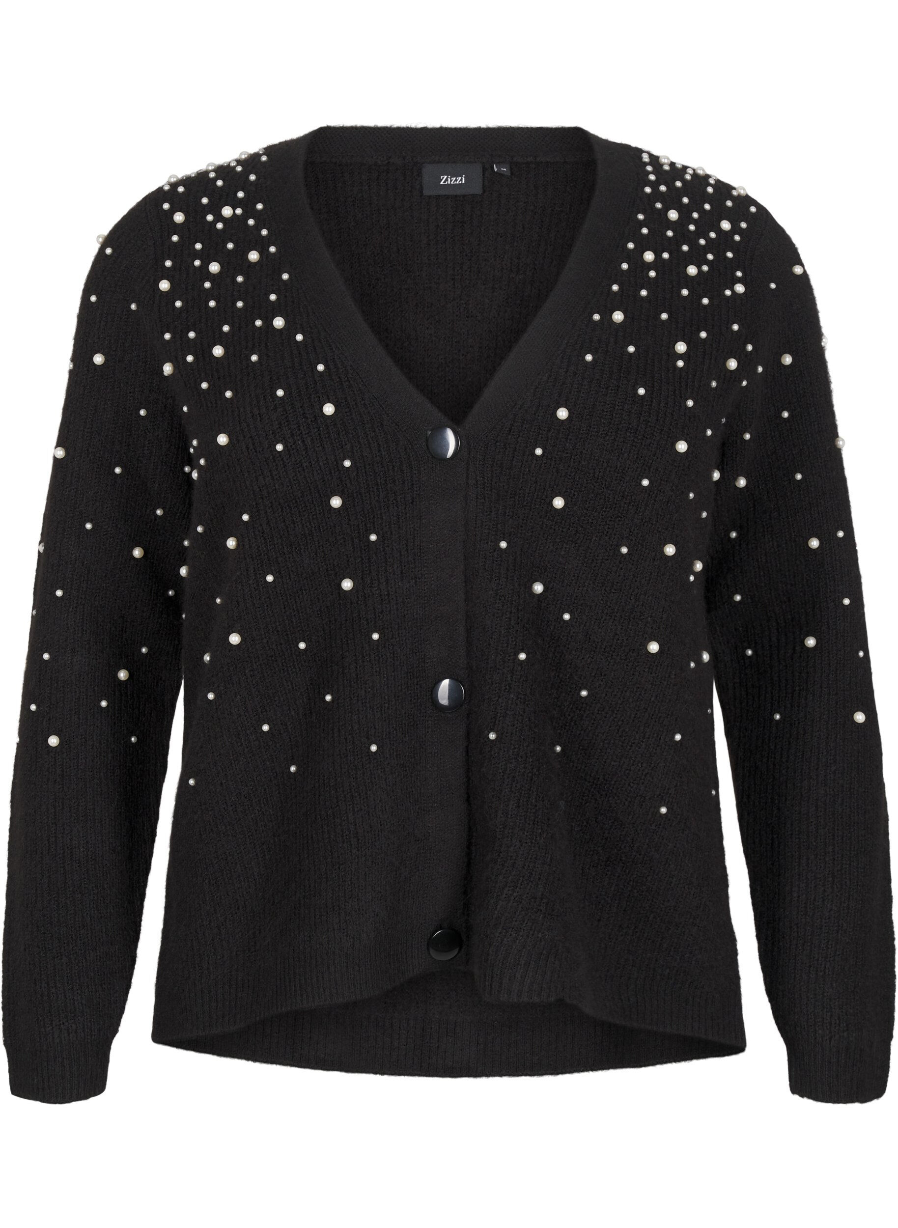 Zizzi Gebreid vest met kralen, Black White Pearls, Packshot image number 0