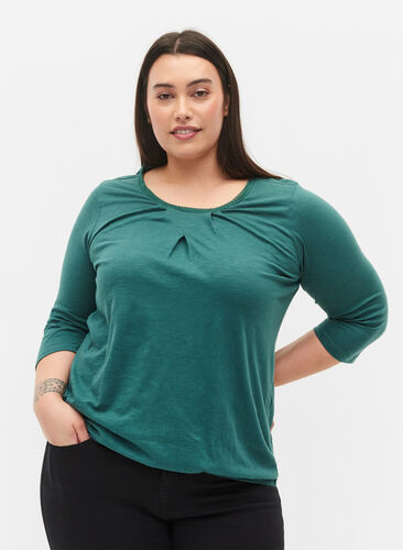 Katoenen blouse met 3/4 mouwen, Mallard Green, Model image number 0