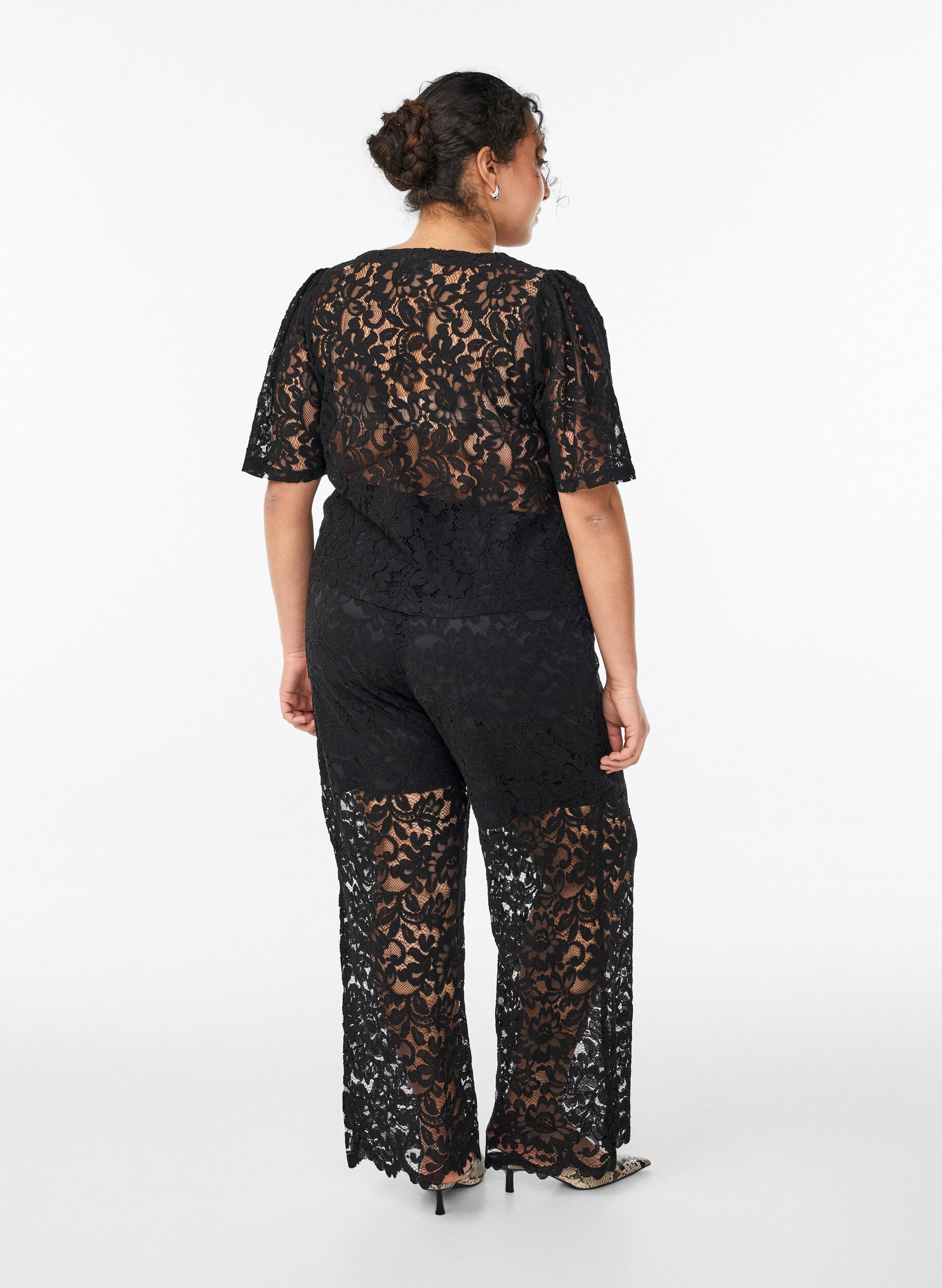 ZizziHoog getailleerde kanten broek met rechte pijpen, Zwart, Model image number 2