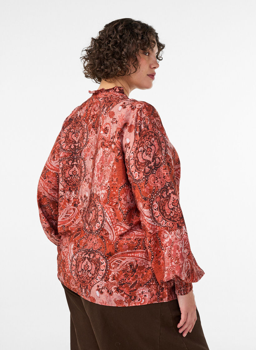 Viscose blouse met paisleyprint en ruches, Oranje, Model image number 2