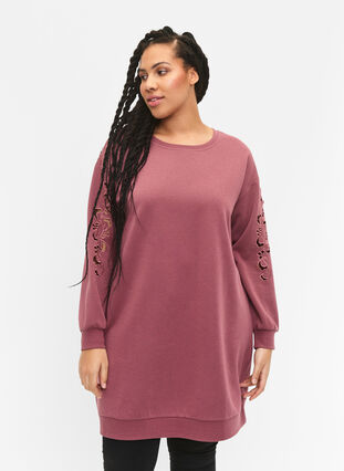 Sweater-jurk met geborduurde details, Rose Brown, Model image number 0