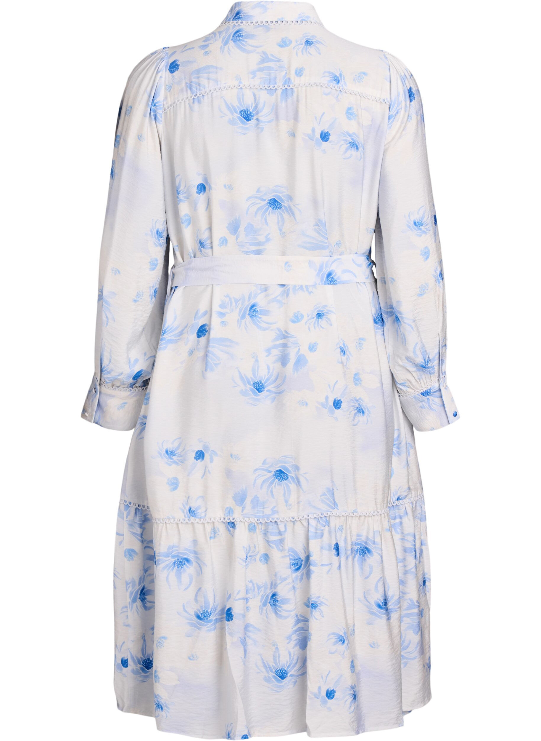 Zizzi Floral midi-jurk met een riem en lange mouwen, Blauw, Packshot image number 1
