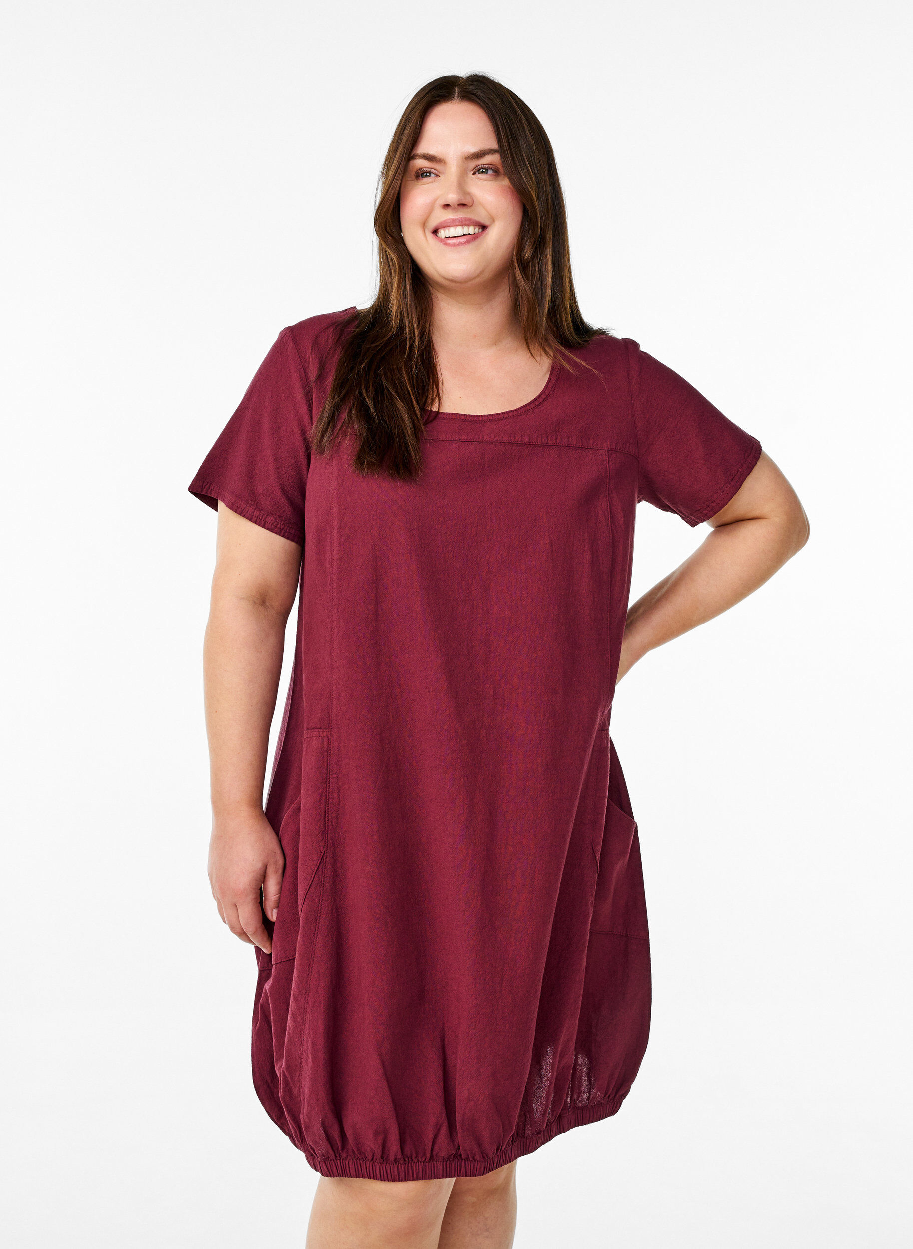 Zizzi Katoenen jurk met korte mouwen, Donker Bordeaux, Model image number 0