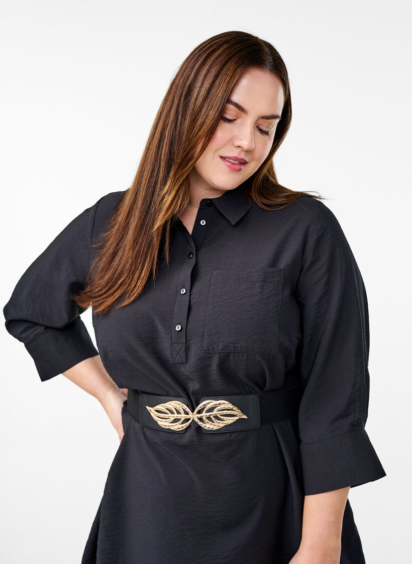 Elastische taille riem met goudkleurige blads gesp, Black, Model image number 0