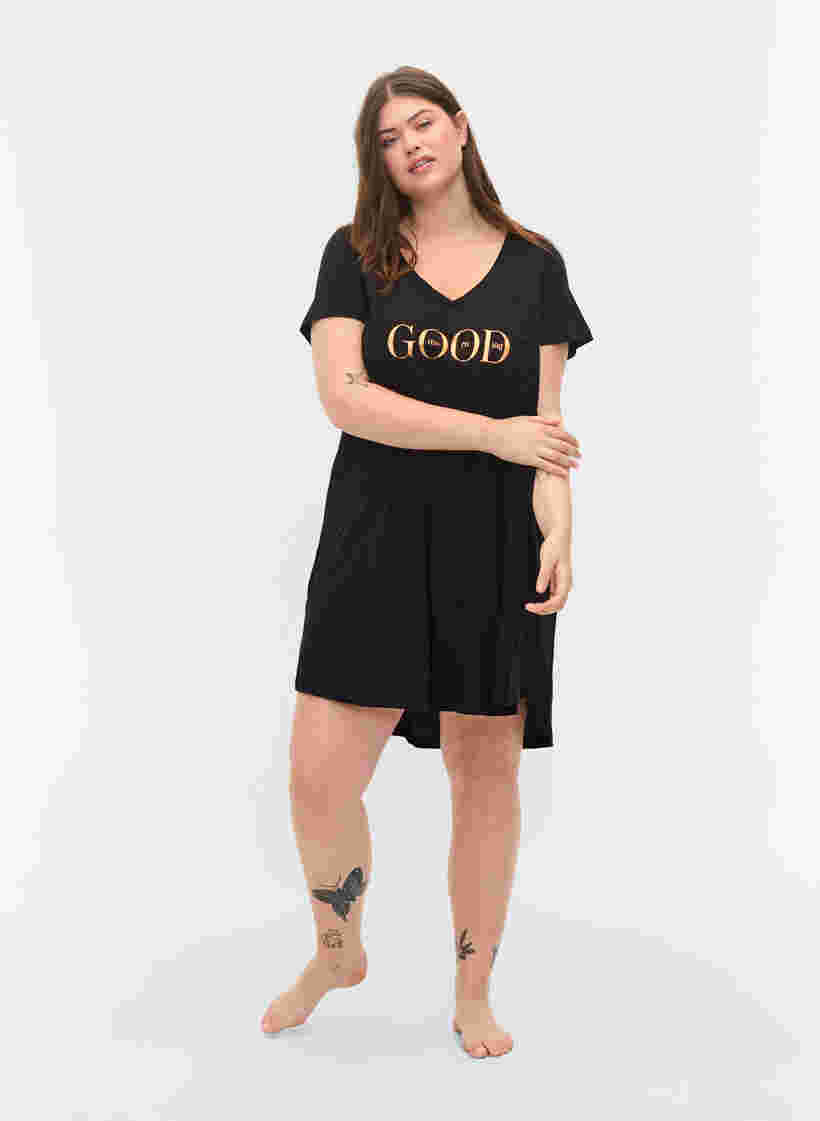 Katoenen pyjama jurk met korte mouwen en print, Black GOOD, Model image number 2