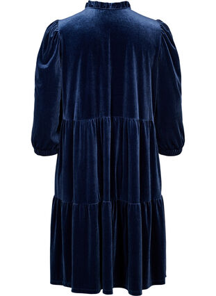 Velours jurk met ruche kraag en 3/4 mouwen, Navy Blazer, Packshot image number 1