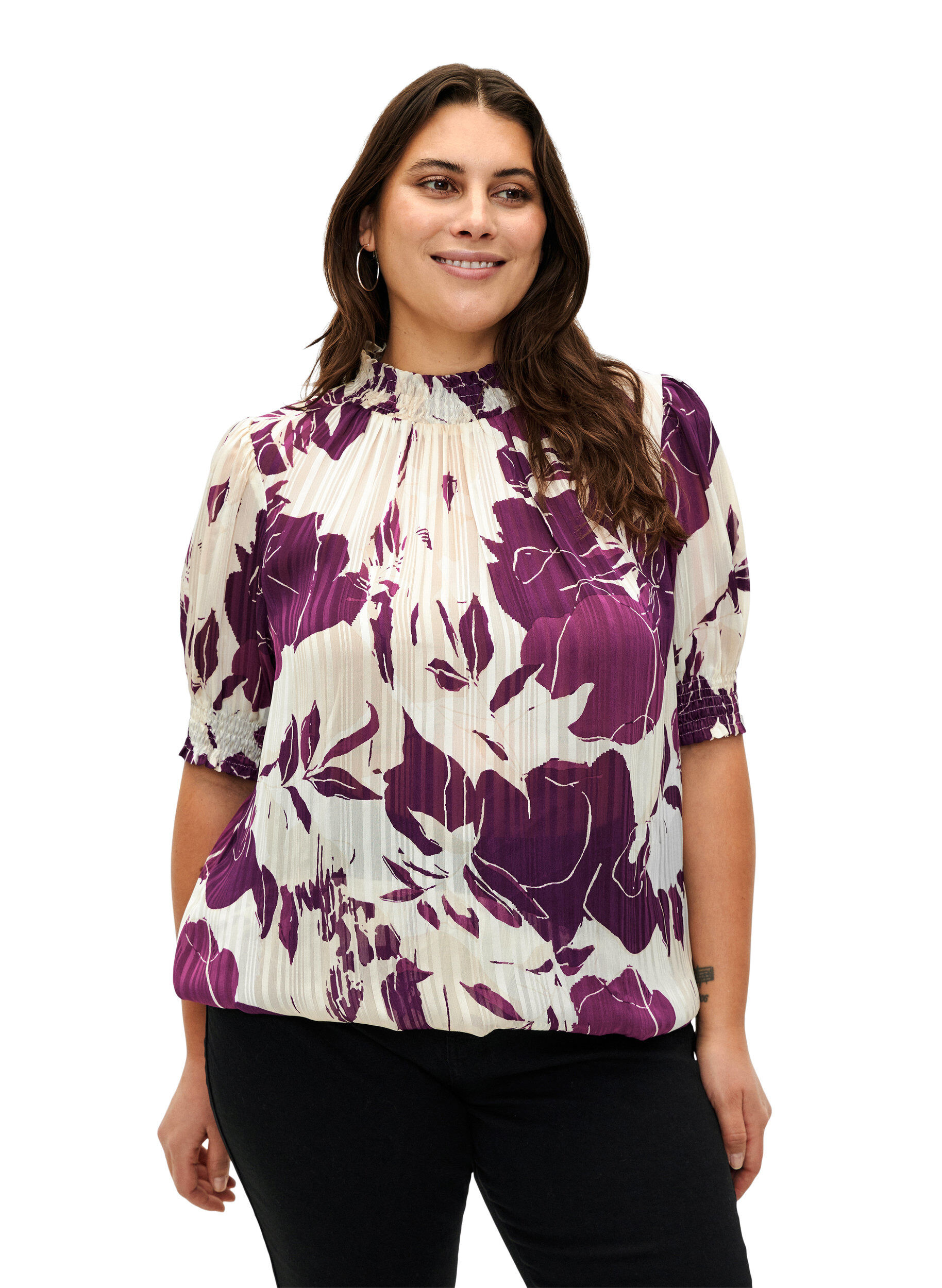Zizzi  Smock-blouse met korte mouwen en print, D.Purple Graphic AOP, Model image number 0