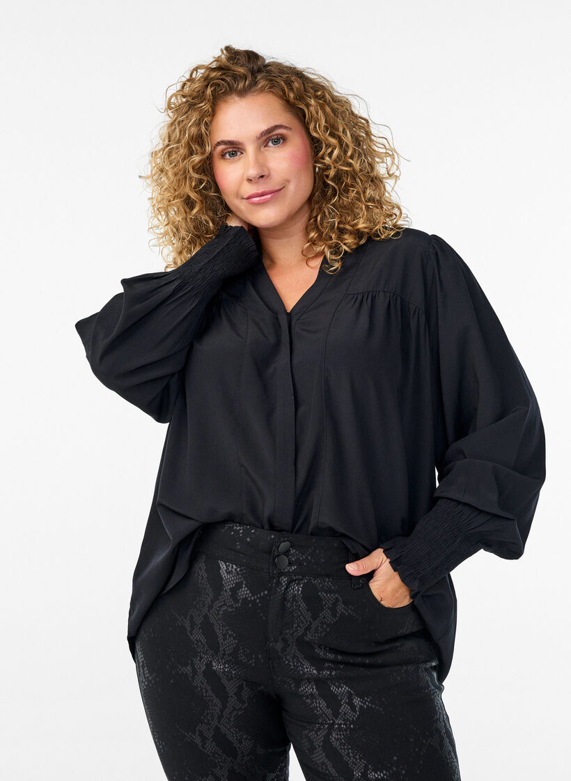 Blouse met ruches kraag en plooien, Zwart, Model image number 0