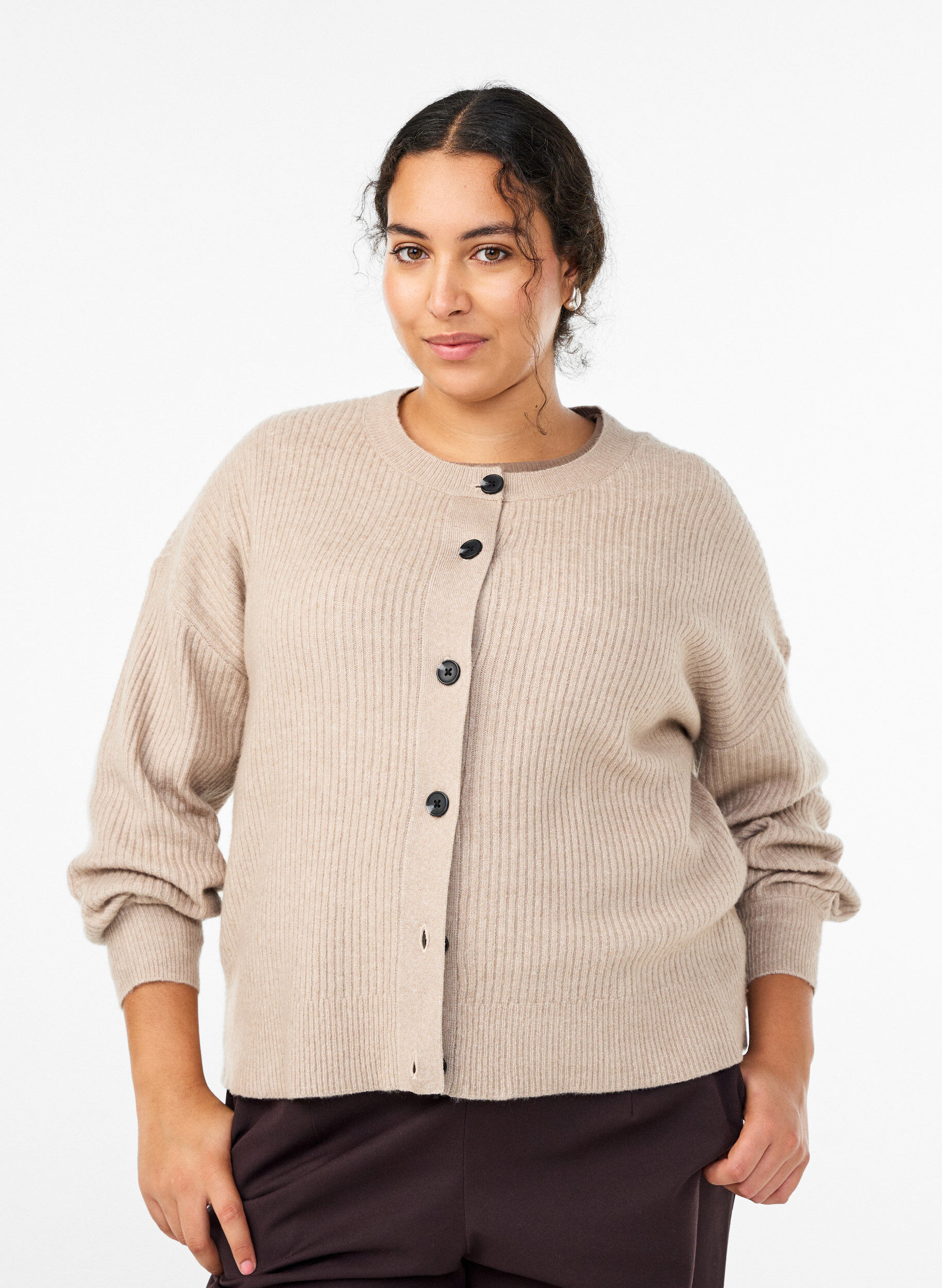 Vest van ribtricot met knopen, Beige, Model