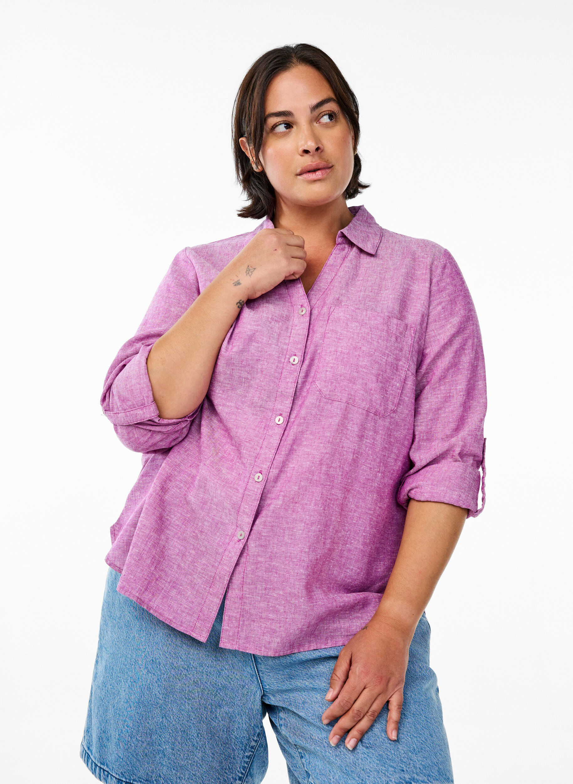 ZizziLinnen en viscose shirt met 3/4 mouwen, Paars, Model image number 0