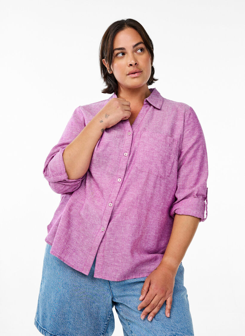 Linnen en viscose shirt met 3/4 mouwen, Paars, Model image number 0