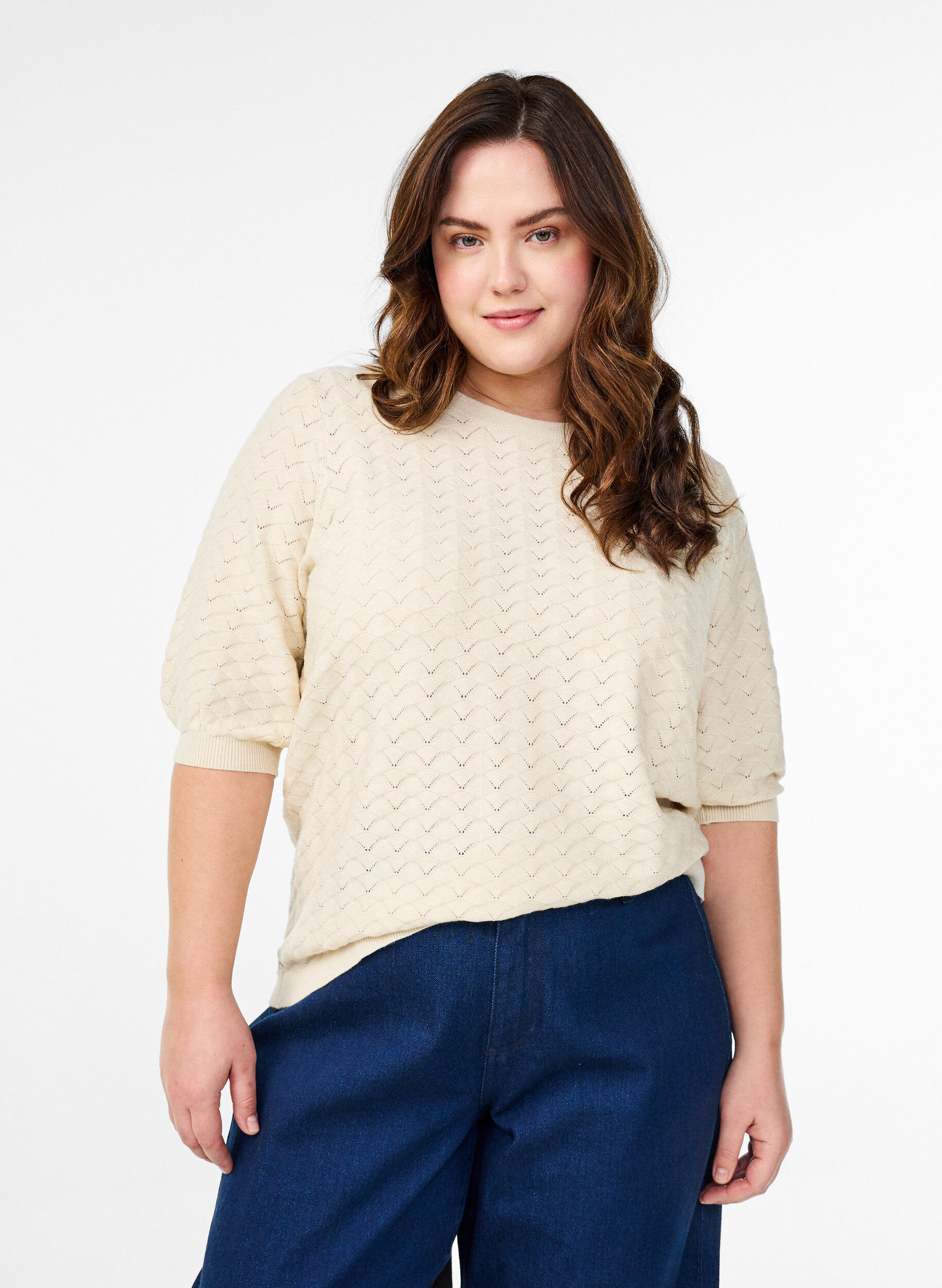 Zizzi Gebreide blouse met opengewerkt patroon en korte mouwen, Birch Mel., Model image number 0