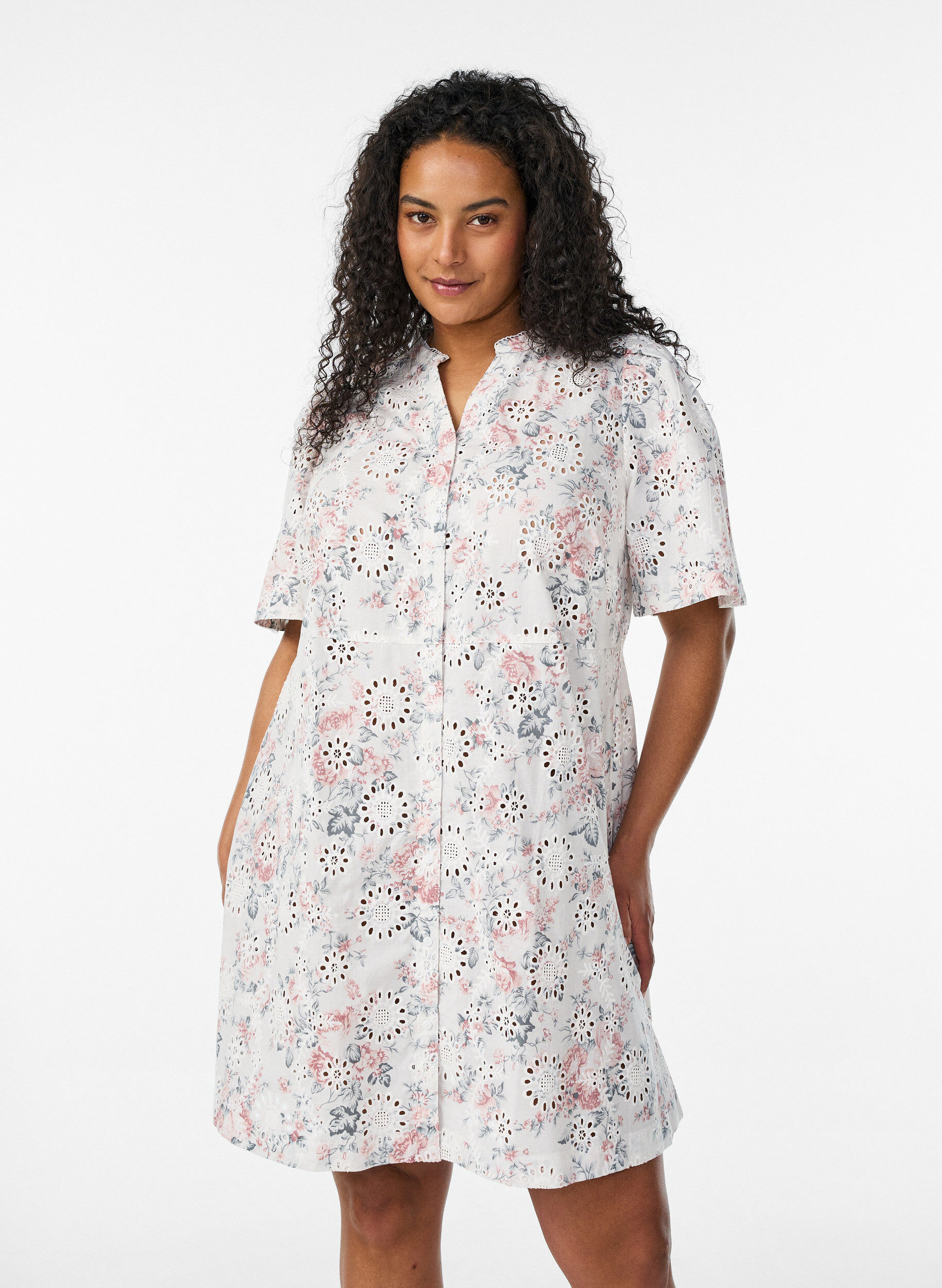 Katoenen jurk met bloemenprint en broderie anglaise, Vanille, Model