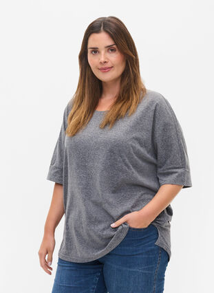 Gemêleerde blouse met korte mouwen, Black Mel., Model image number 0