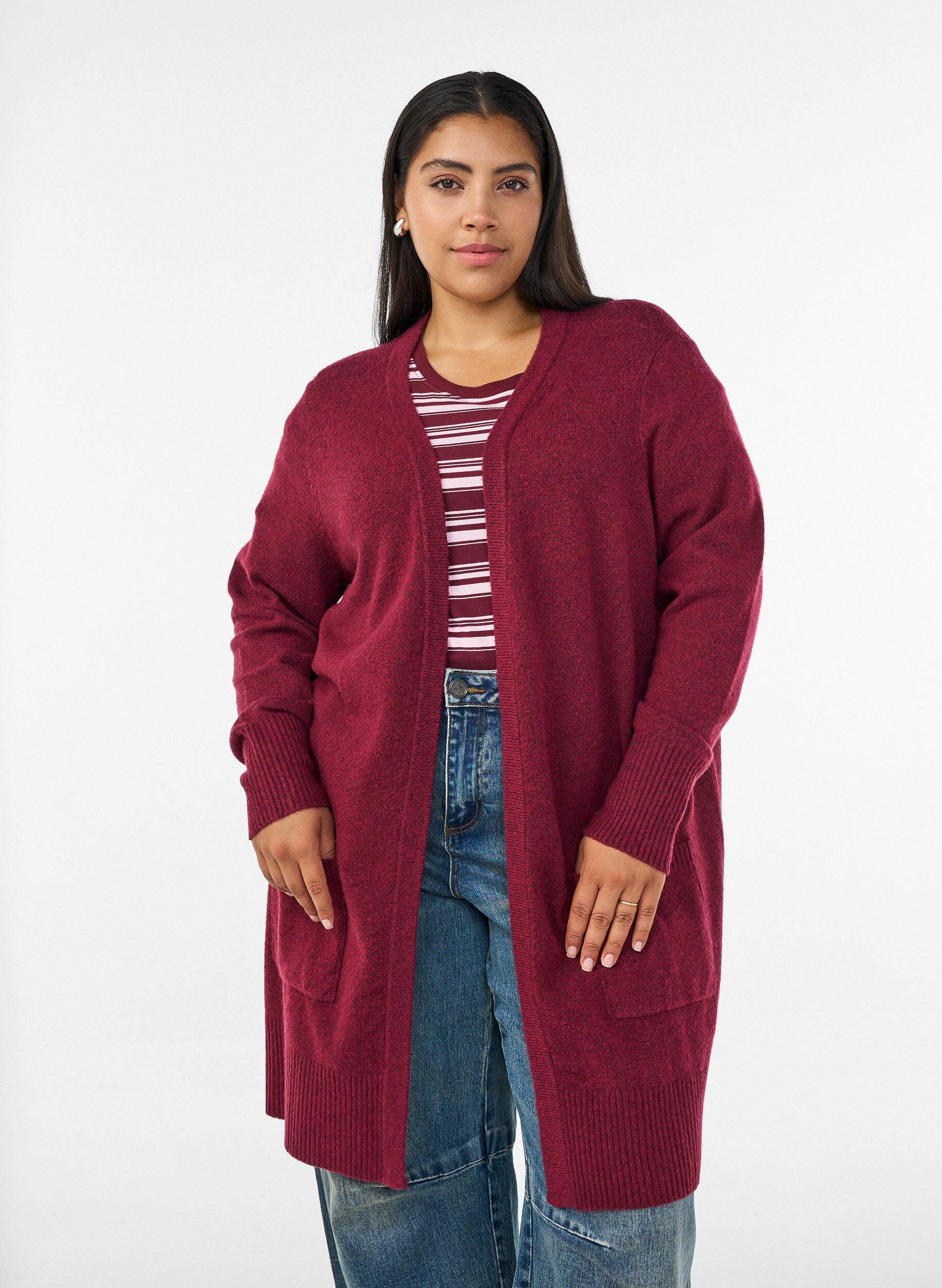 Geribd gebreid vest met zakken, Rood, Model