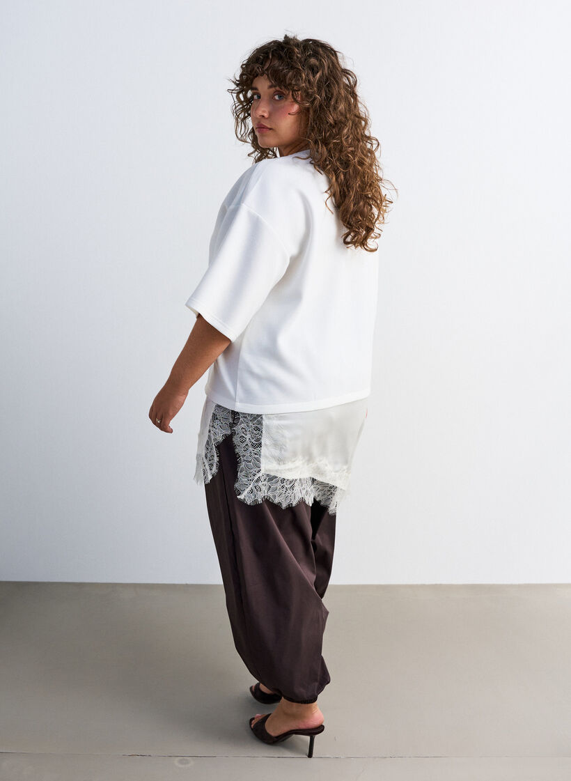 Jersey blouse met gelaagde look en kant, Vanille, Model image number 1