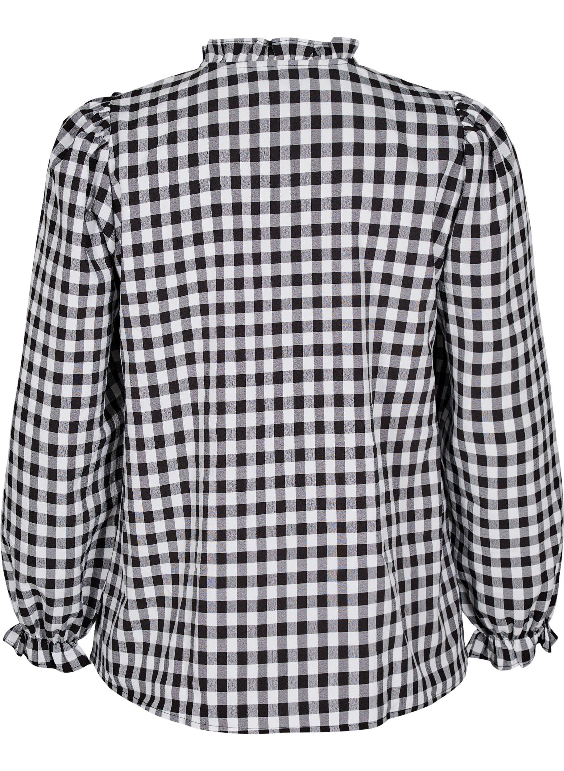 Zizzi Geruite shirt blouse met ruchesdetails, Black/W. Gingham, Packshot image number 1