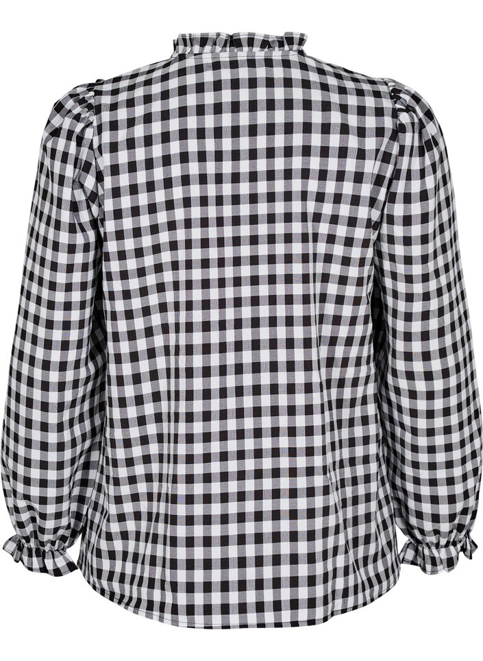 Geruite shirt blouse met ruchesdetails, Black/W. Gingham, Packshot image number 1