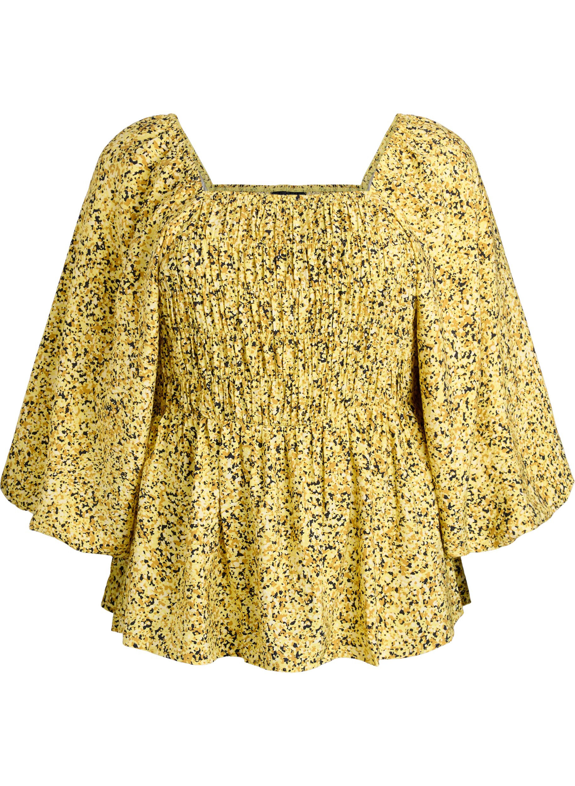 Zizzi Blouse met smock en vierkante halslijn, Geel, Packshot image number 0