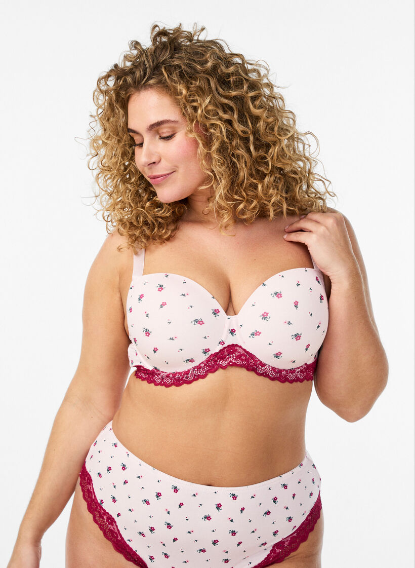 Voorgevormde bh met bloemenprint en kanten details, Roze, Model image number 0