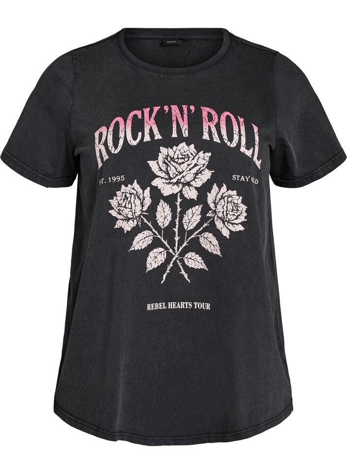 T-shirt van biologisch katoen met rockprint, Zwart, Packshot image number 0