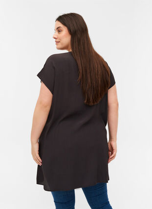 Viscose jurk met korte mouwen en smokwerk, Licorice, Model image number 1