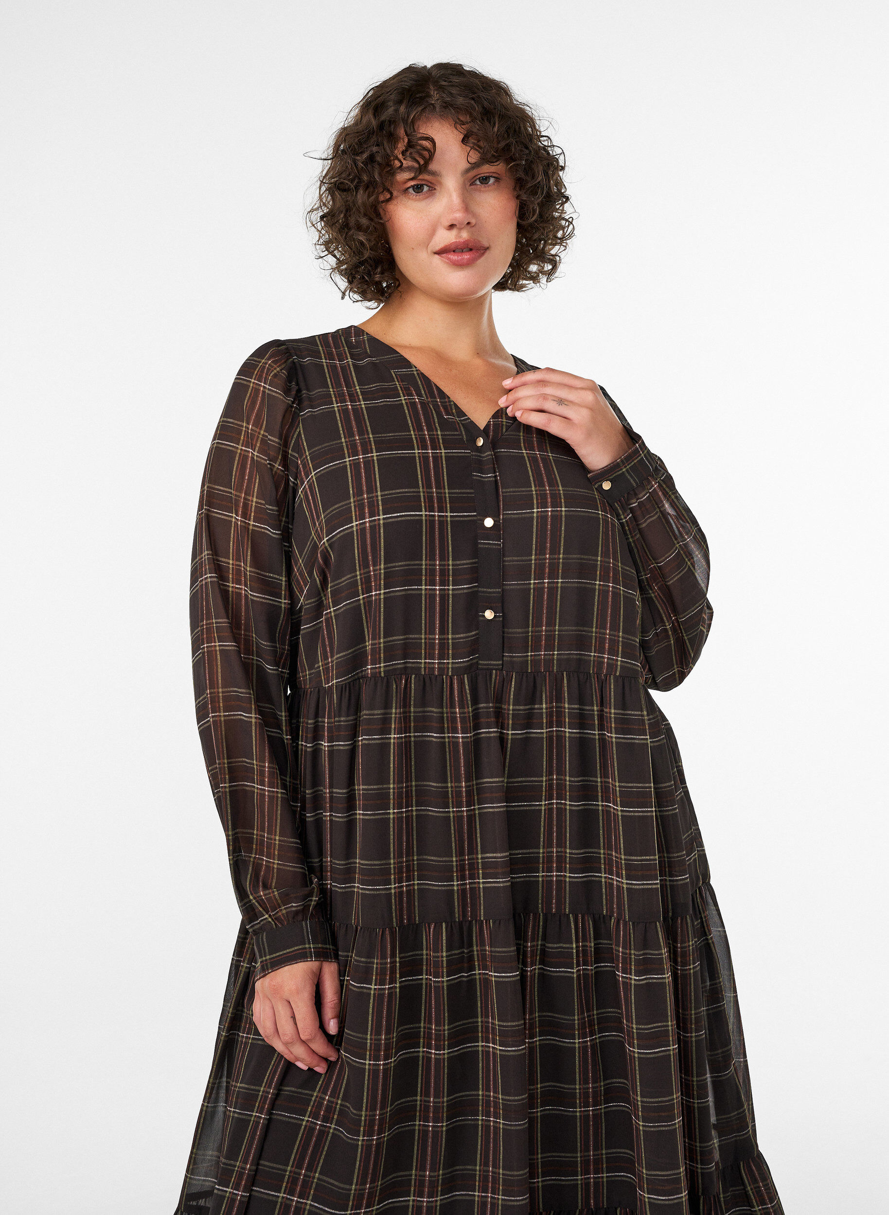 ZizziGecontroleerde midi-jurk met een rok in lagen, Bruin, Model image number 2